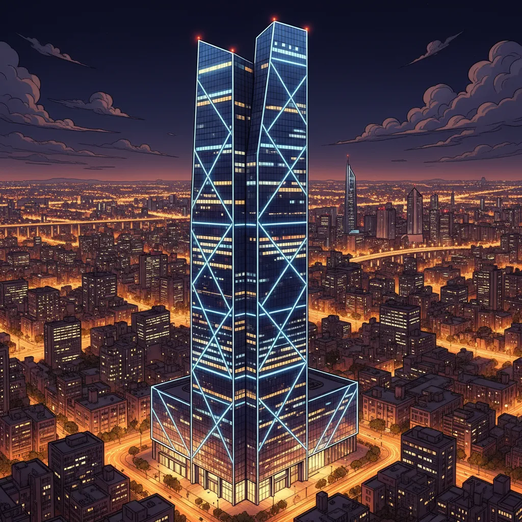 Samsung headquarters in Seoul at night, lit up against the city skyline