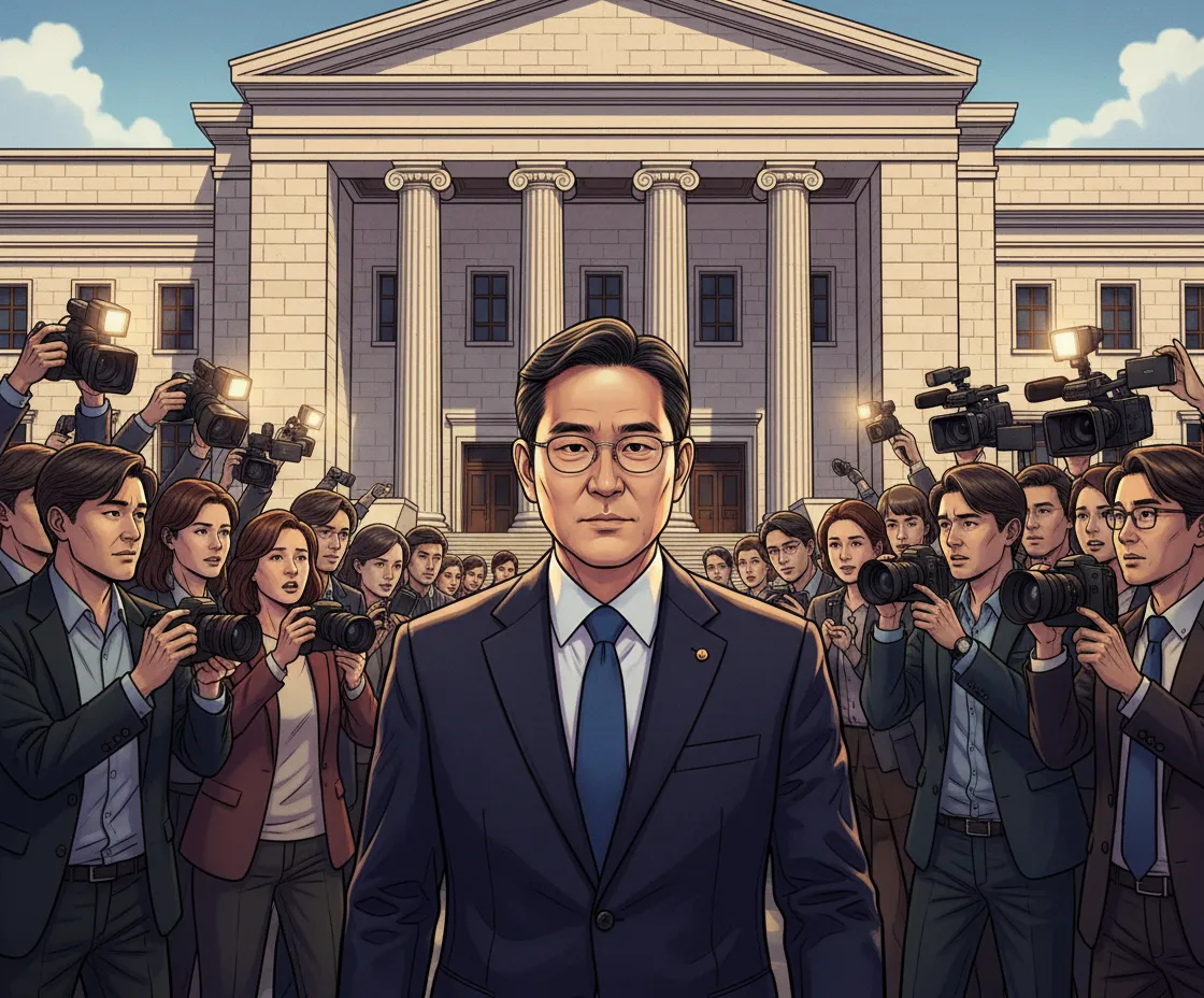 A man in a dark suit surrounded by reporters and cameras outside a Korean courthouse