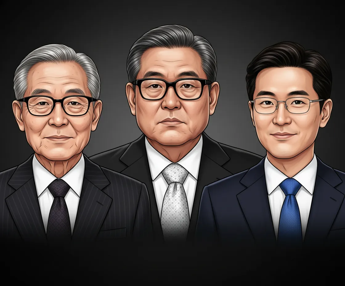 Three generations of a Korean business family in formal portraits, spanning decades