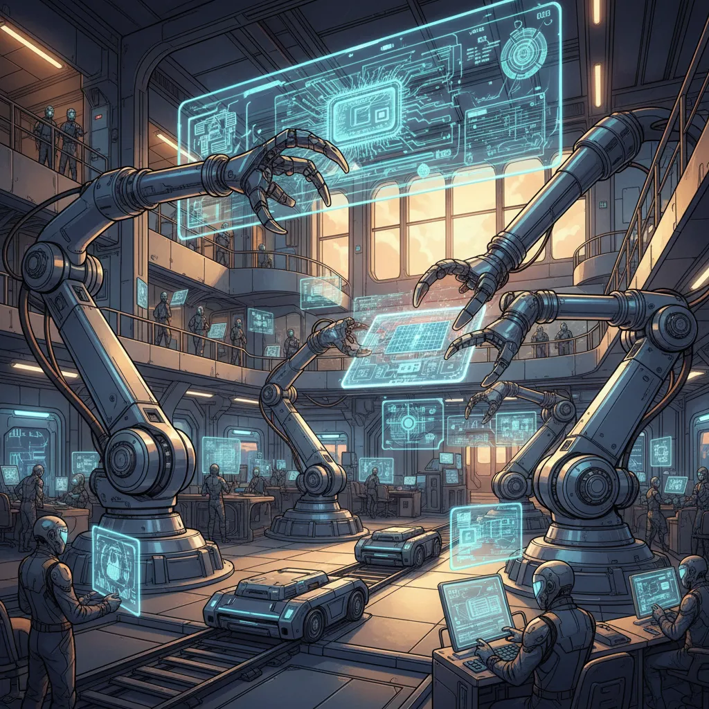 A futuristic Samsung semiconductor fab with advanced robotics and holographic displays