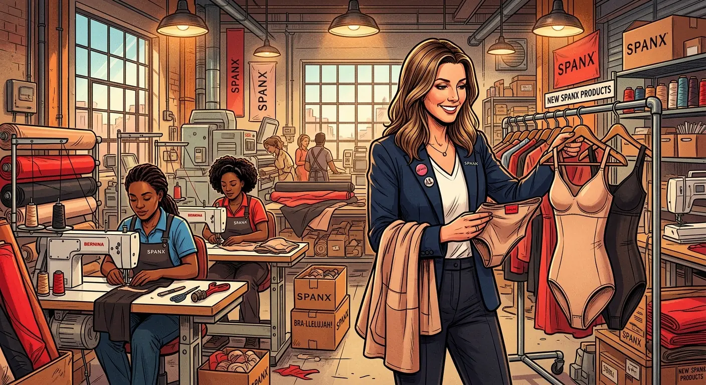 Sara Blakely on a factory floor, inspecting new Spanx products with a confident smile