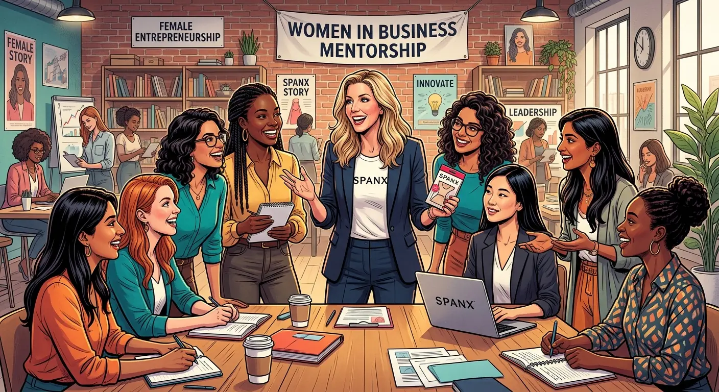 Sara Blakely, surrounded by a diverse group of smiling female entrepreneurs, gesturing enthusiastically during a mentorship session