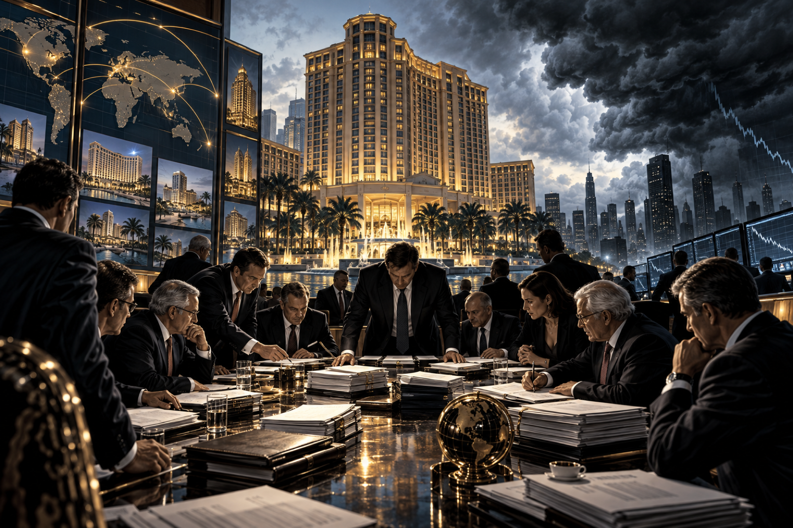 A global hotel acquisition and crowded financing table illuminated just before storm clouds overtake the credit markets
