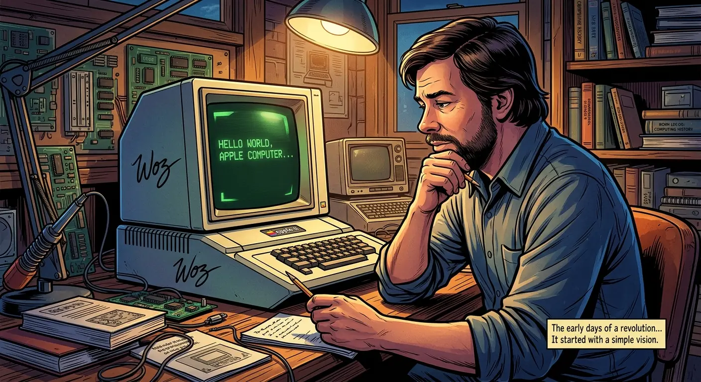 Steve Wozniak looking contemplative in front of an early Apple computer display