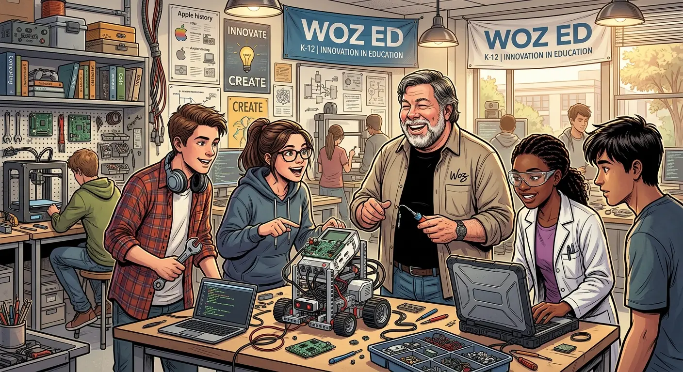 Steve Wozniak smiling broadly while interacting with students and educational robotics