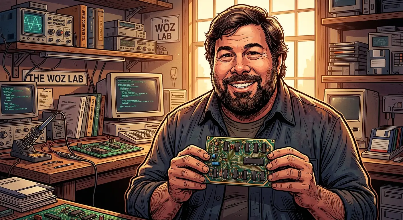 Steve Wozniak with a warm smile, holding a small circuit board, symbolizing his enduring connection to the core of technology
