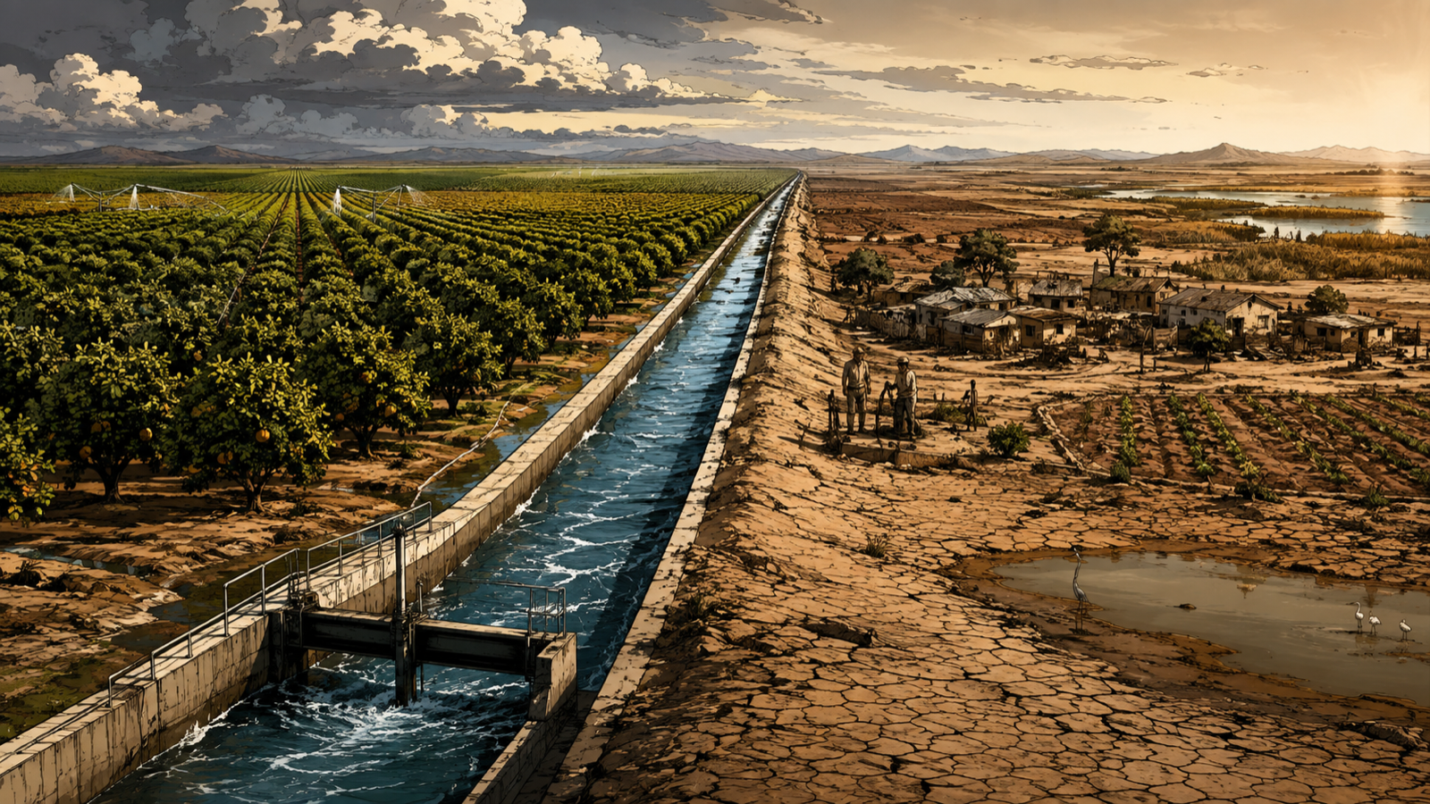 California orchards divided by canals and dry land, with water infrastructure carrying both economic value and public tension