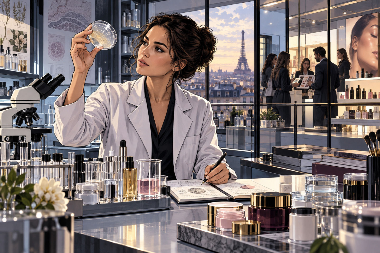 A young Sue Nabi studying skin science in a French laboratory while brand and product teams emerge beyond the glass