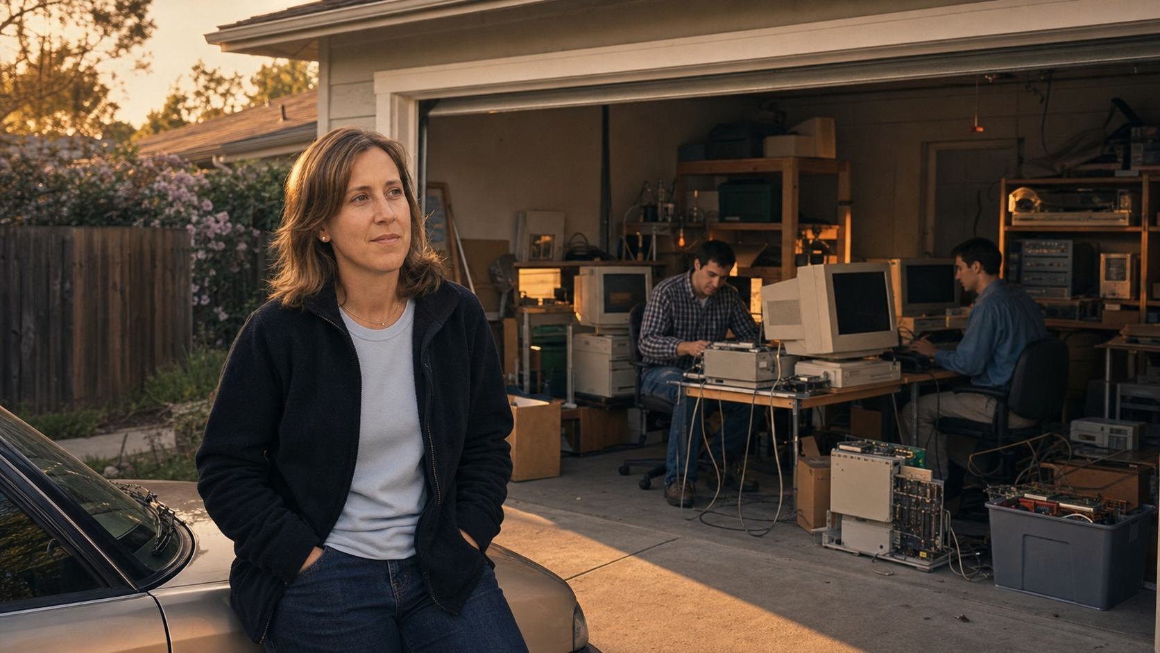 Susan Wojcicki at the Menlo Park garage where Google began, connecting an ordinary home to the start of a global technology company