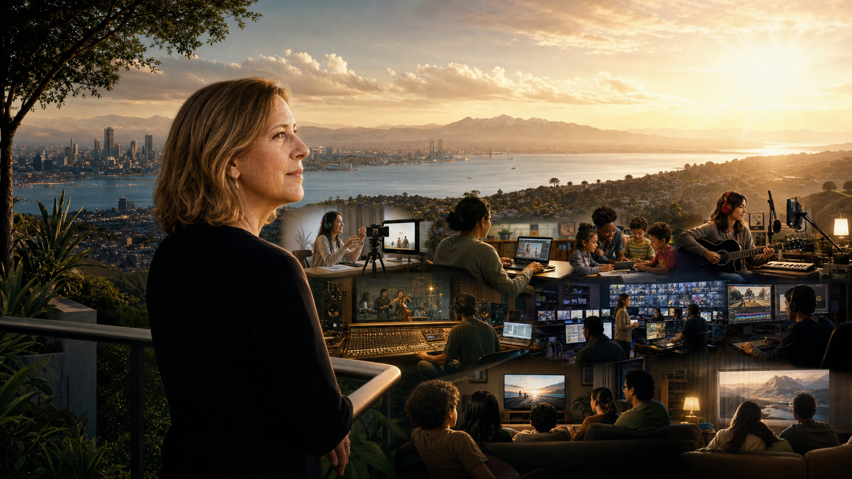 Susan Wojcicki looking across a global landscape of creators, classrooms, music, news, and living-room screens shaped by online video