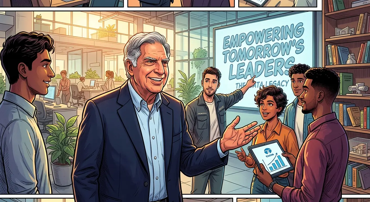Ratan Tata, older and smiling, surrounded by young startup founders, gesturing warmly, symbolizing mentorship