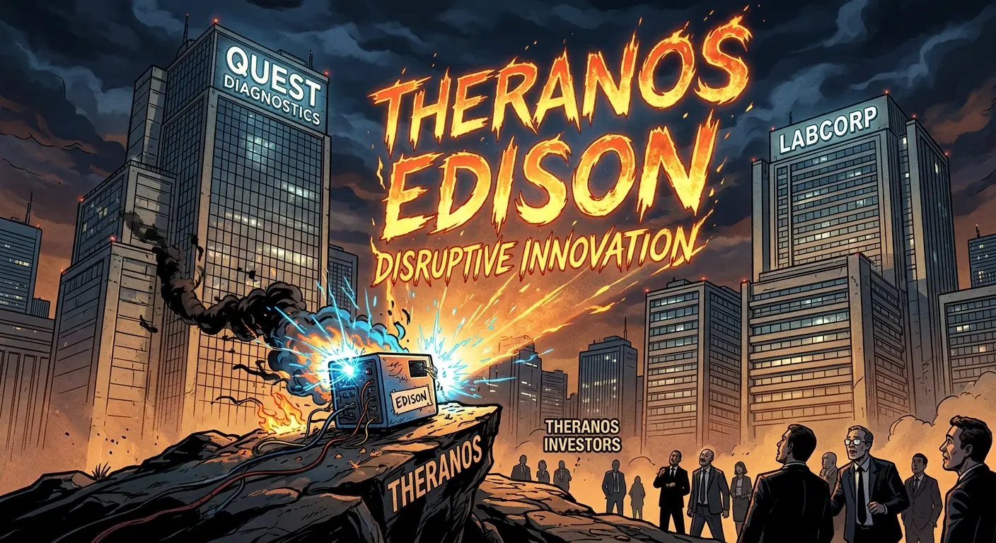 A dramatic illustration of a tiny Theranos "Edison" machine attempting to overshadow towering, established diagnostic lab buildings like Quest Diagnostics and LabCorp, with sparks and smoke emanating from the small device.