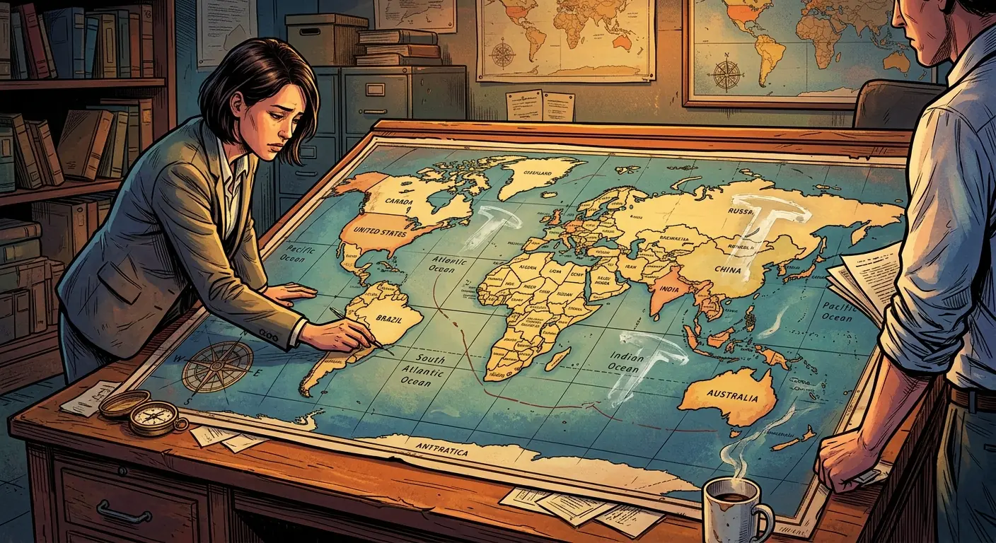 A map of the world, with various countries highlighted, depicting faint, ghostly Theranos logos superimposed on them, suggesting unfulfilled global ambitions.