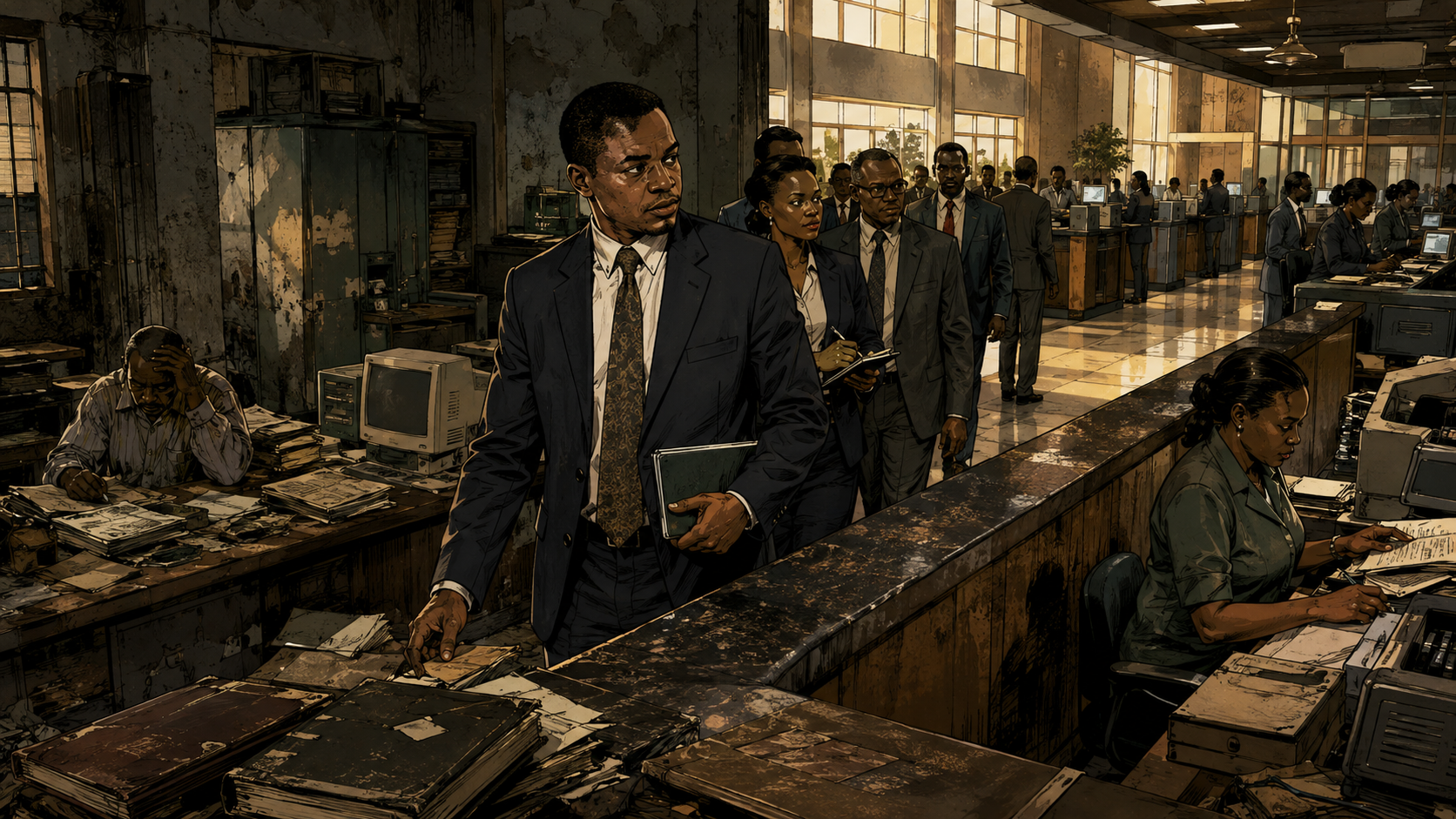 A young Tony Elumelu entering a distressed Nigerian bank as ledgers, branch maps, and a focused turnaround team converge under cinematic light