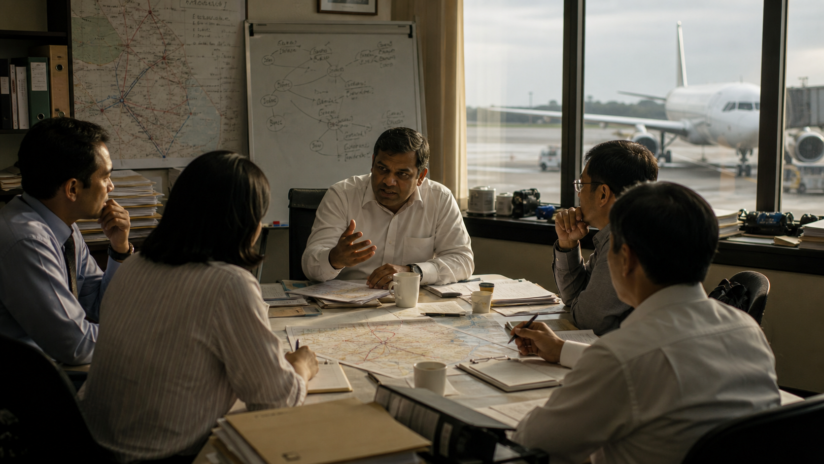 Tony Fernandes and a small team planning the turnaround of a struggling Malaysian airline in 2001