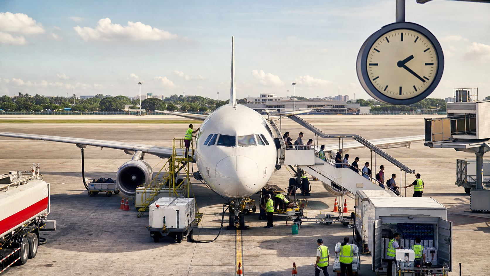 A tightly coordinated ground crew executing a fast safe turnaround for a low-cost aircraft