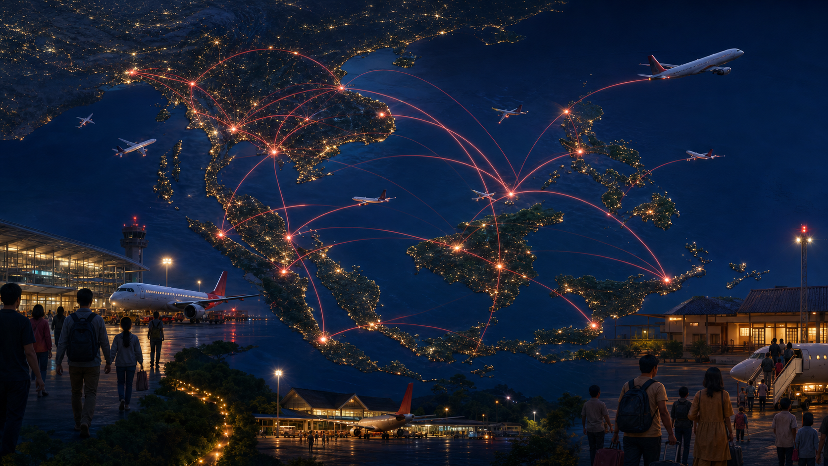 A dense low-cost route network connecting cities and islands across Southeast Asia