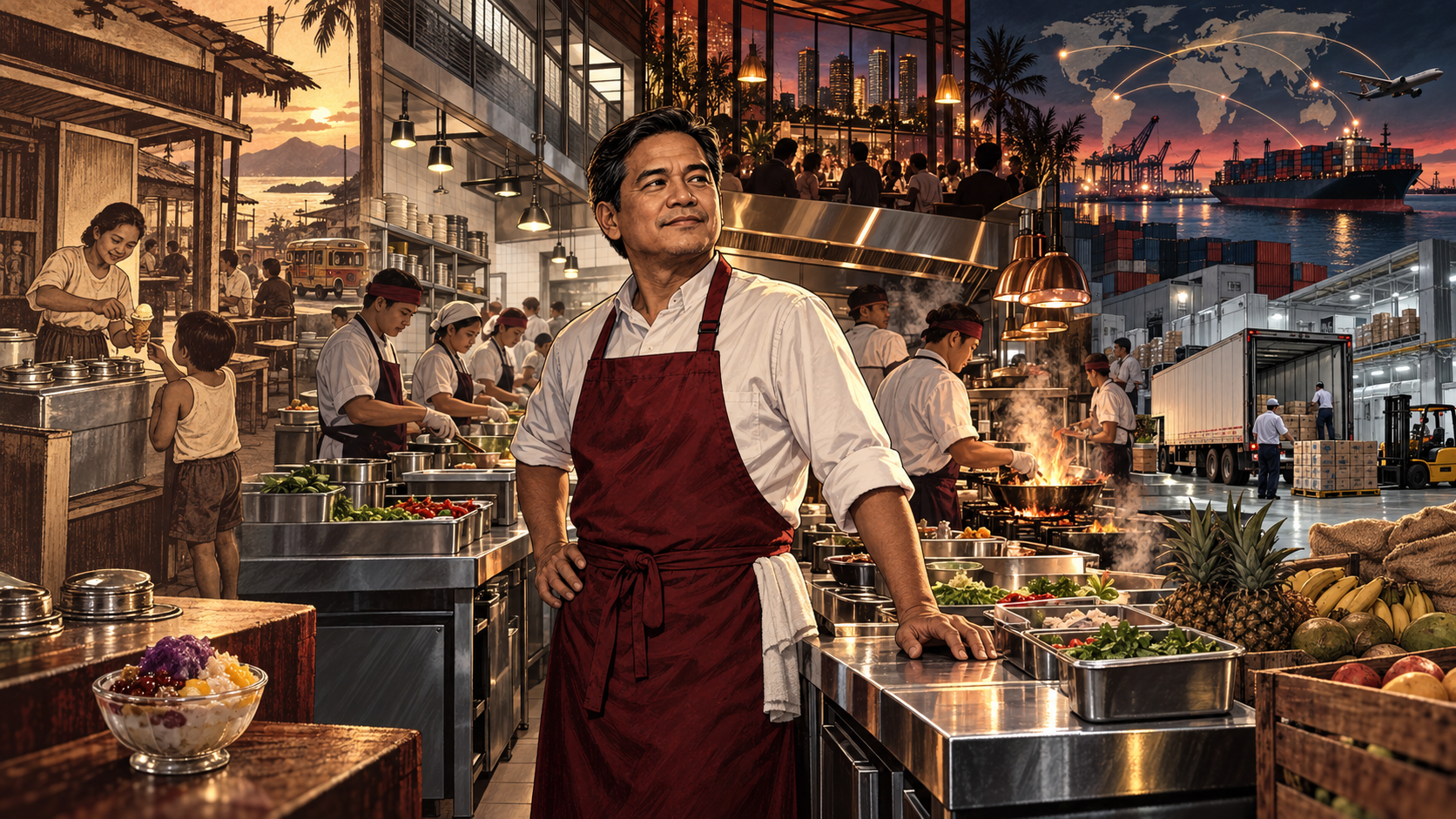 A restaurant operating system linking kitchens, suppliers, training, and locally adapted menus