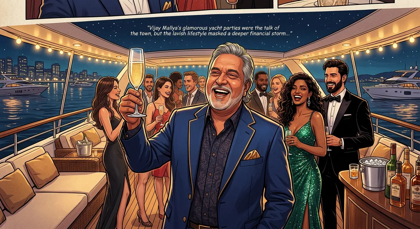 Vijay Mallya laughing heartily at a glamorous party on a yacht, surrounded by beautiful people, holding a glass of champagne.