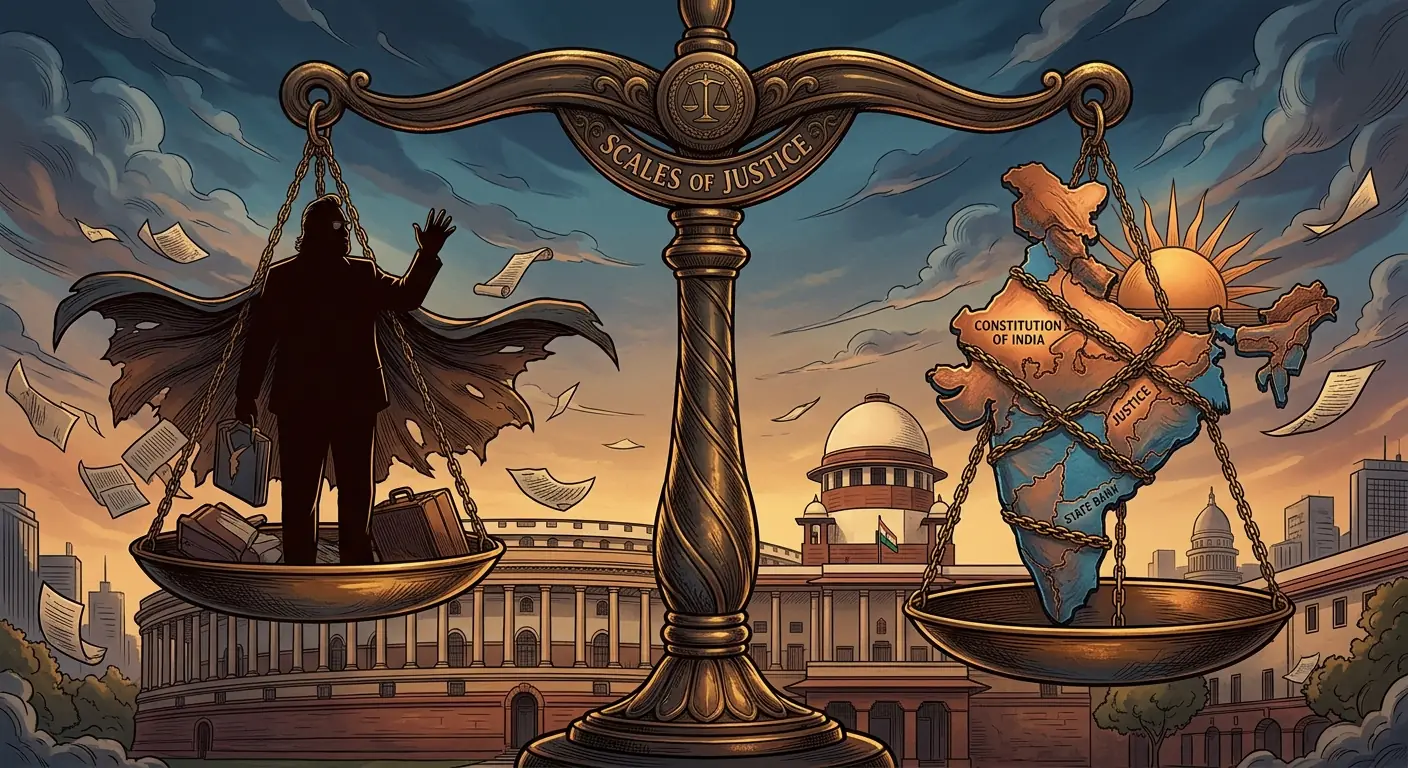 A stylized image of scales of justice with a silhouette of Vijay Mallya on one side and a map of India on the other, representing the ongoing legal battle.