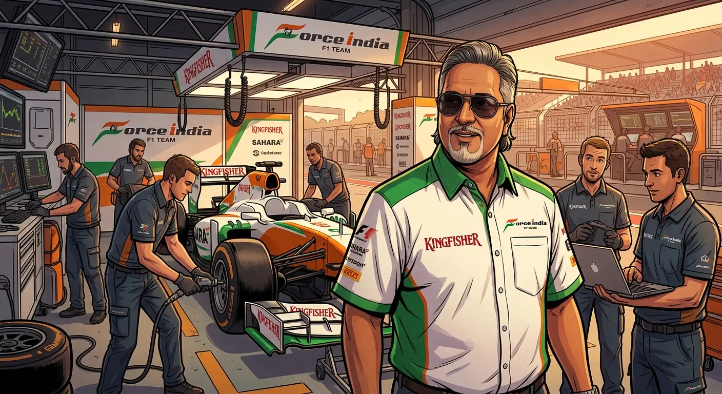 Vijay Mallya in the Force India F1 pit lane, surrounded by mechanics, wearing a team shirt and sunglasses, a Kingfisher logo prominently displayed.