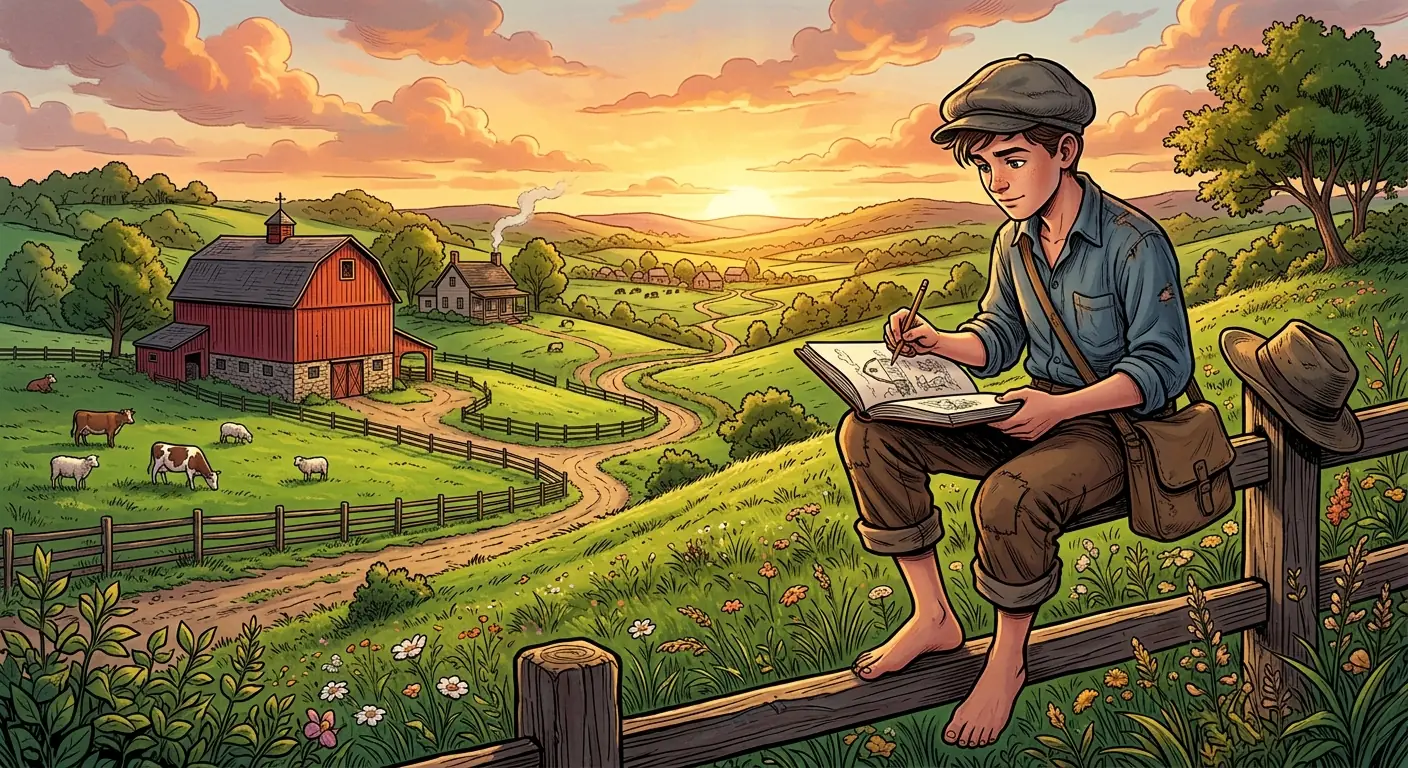 A young artist sketching in a rural Missouri landscape