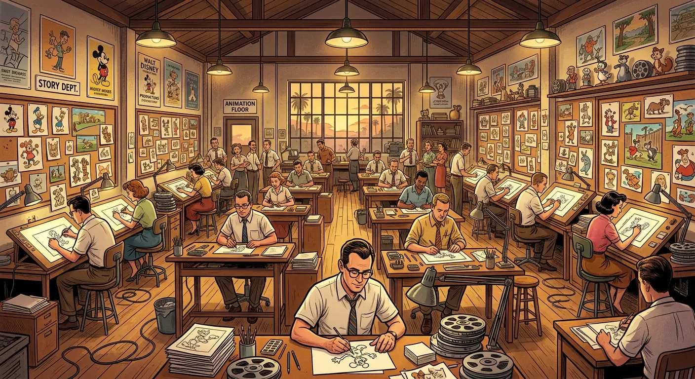 A bustling, multi-level animation studio floor, animators hunched over their desks, light streaming through large windows, creating an atmosphere of intense creative activity