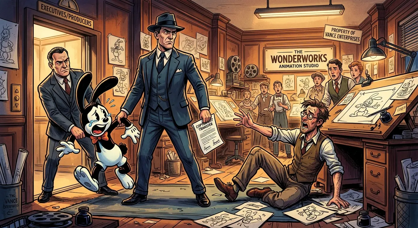 A cartoon rabbit character being pulled away from its creator