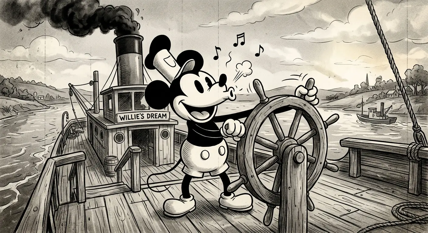 A joyful cartoon mouse whistling while steering a steamboat