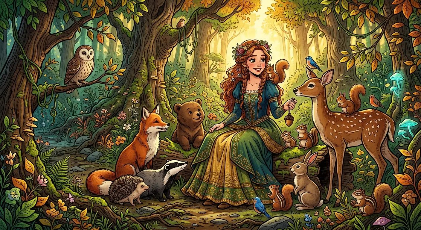 An animated princess surrounded by forest animals in vivid color