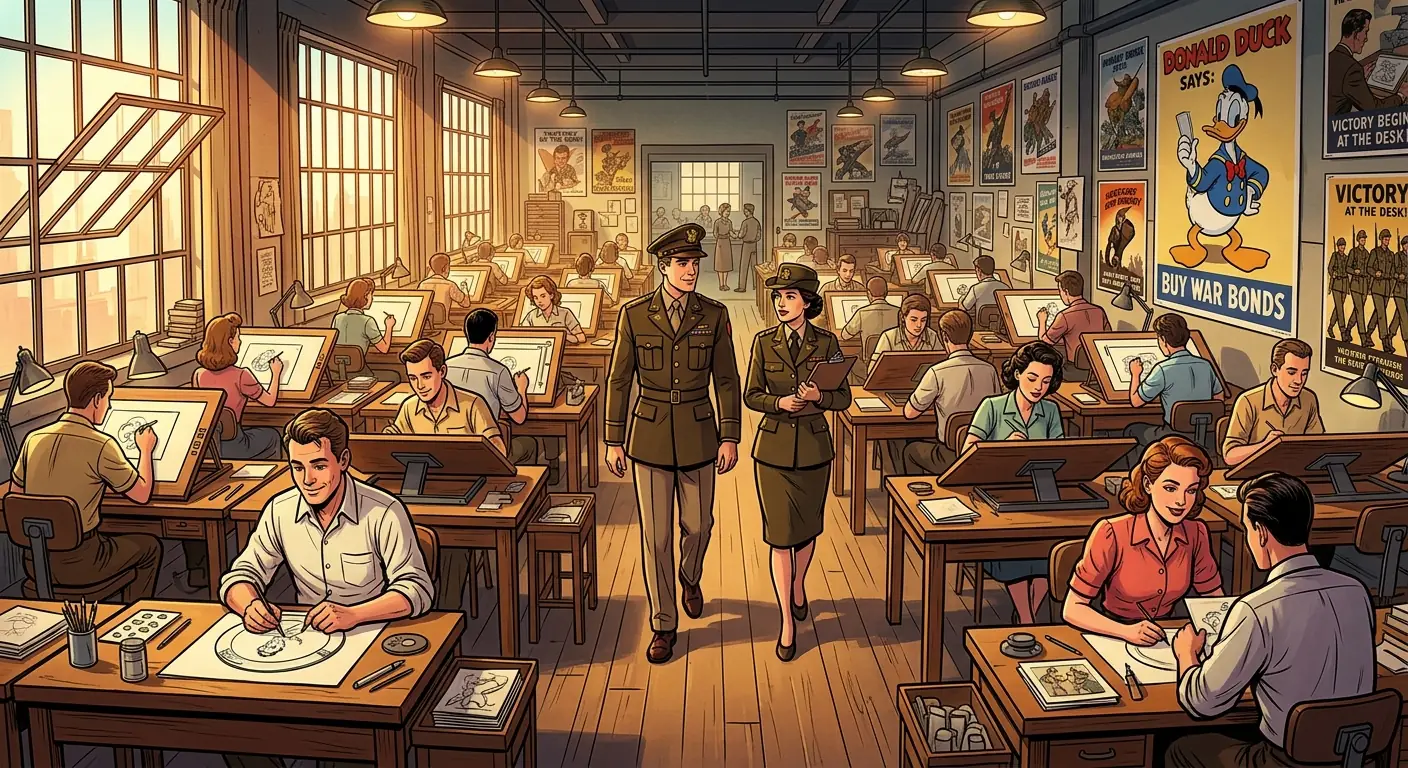 An animation studio in the 1940s with wartime propaganda posters on the walls