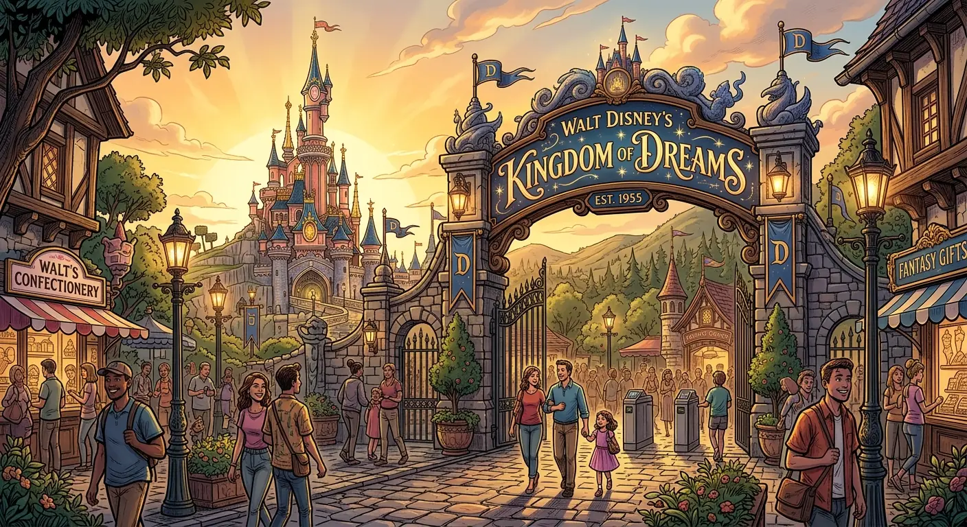 A magical theme park entrance with a fairytale castle visible in the background