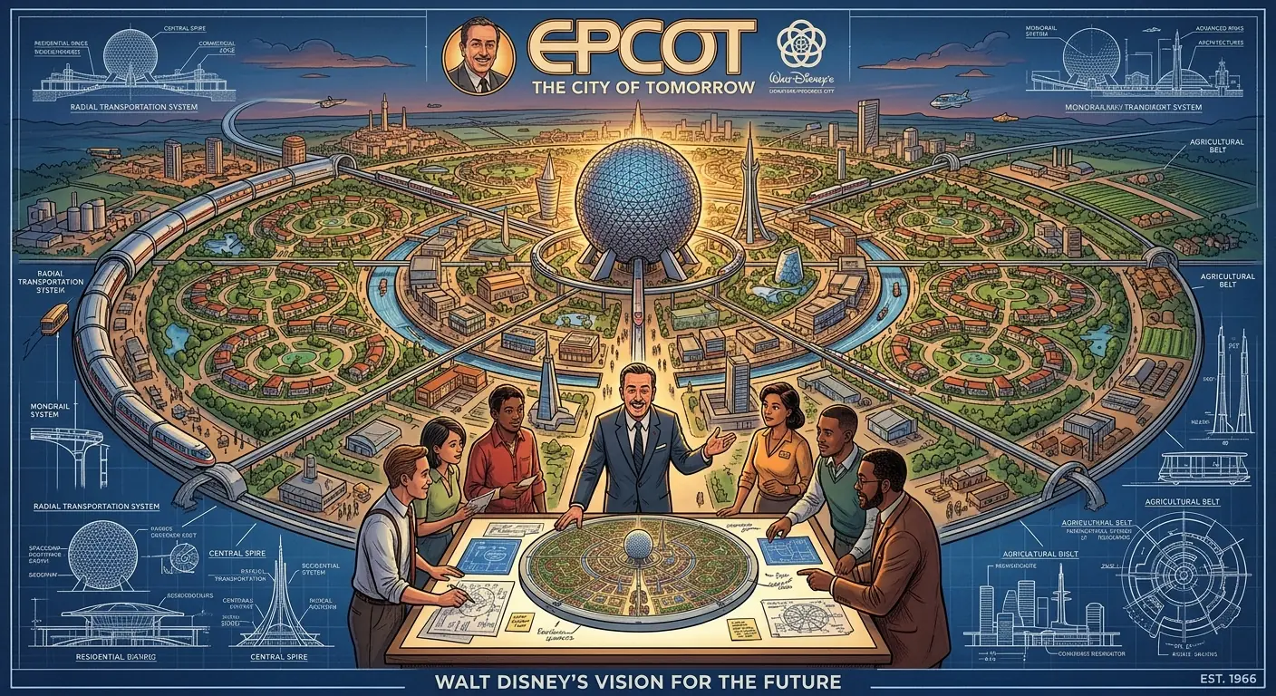 A futuristic city blueprint showing a circular urban design