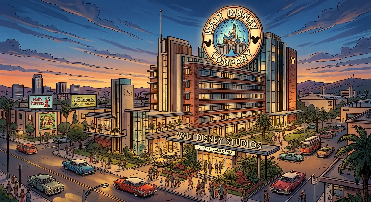 A towering corporate headquarters with a globe and castle iconography