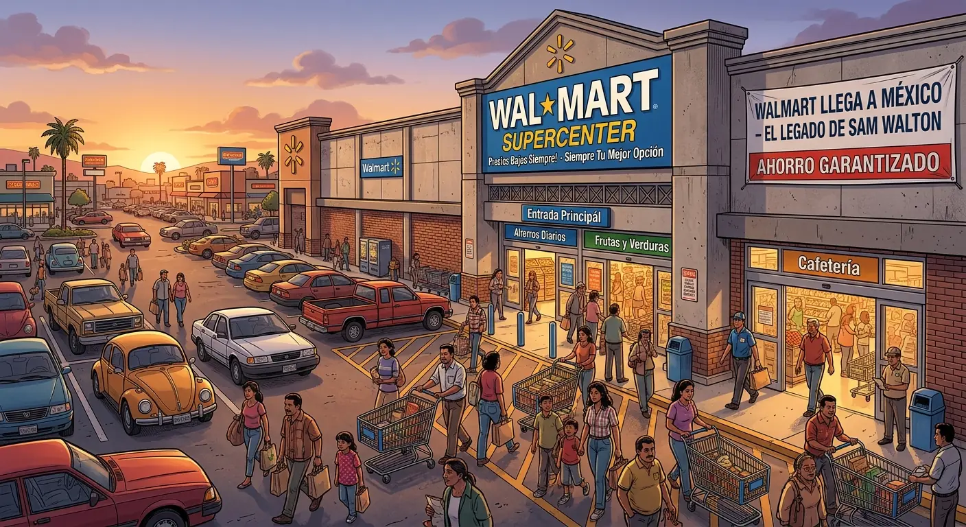 A Walmart Supercenter in Mexico, bustling with local shoppers and distinct Mexican signage in the late 1990s