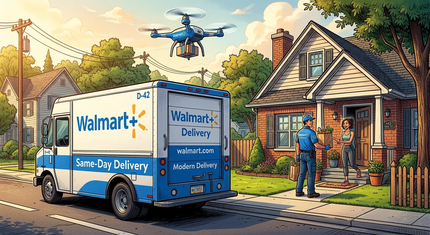 A Walmart delivery truck with "Walmart+" branding parked outside a suburban home, a drone flying overhead, symbolizing modern delivery