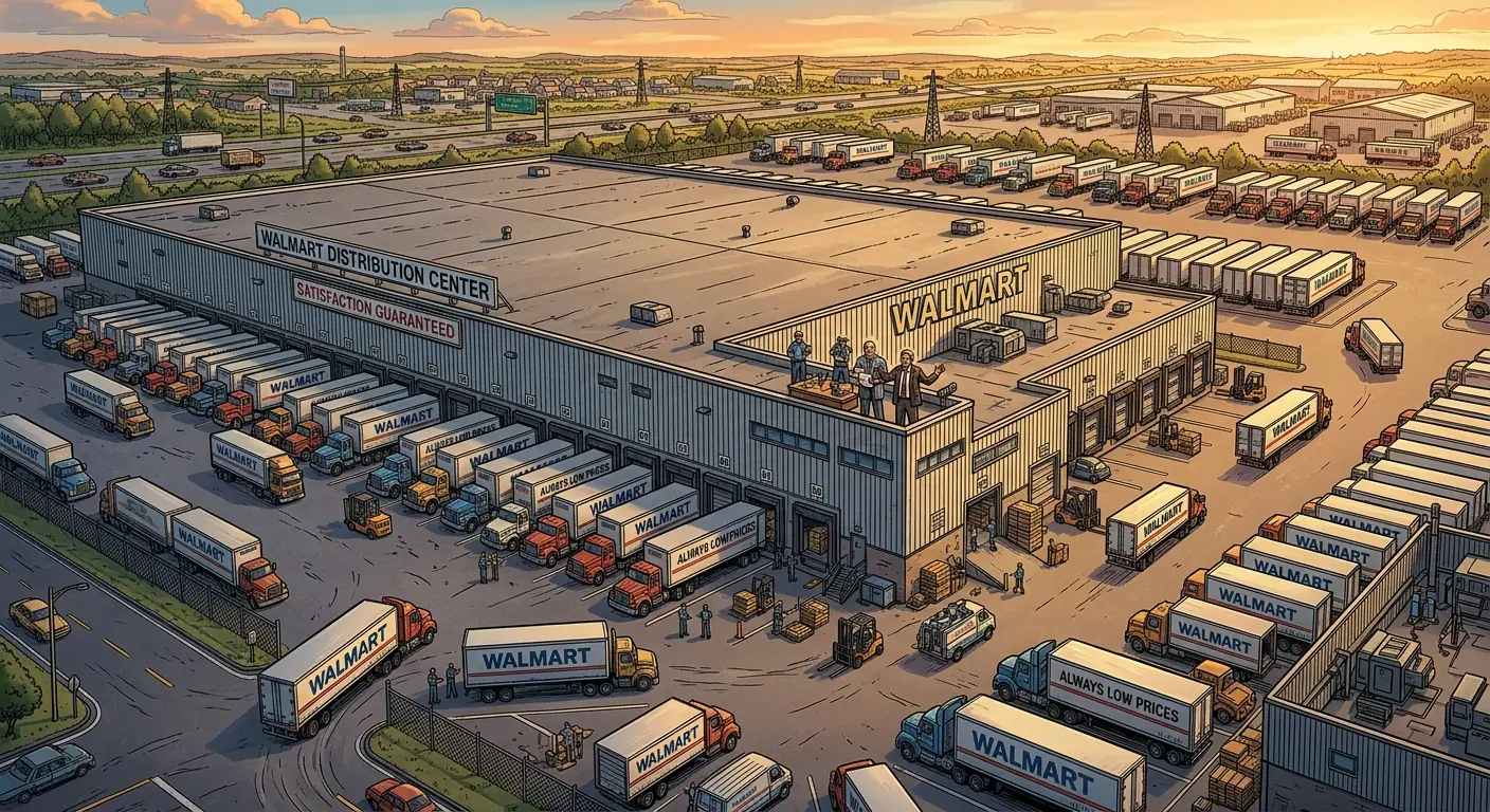 Overhead view of a massive Walmart distribution center in the 1980s, trucks lined up at loading docks