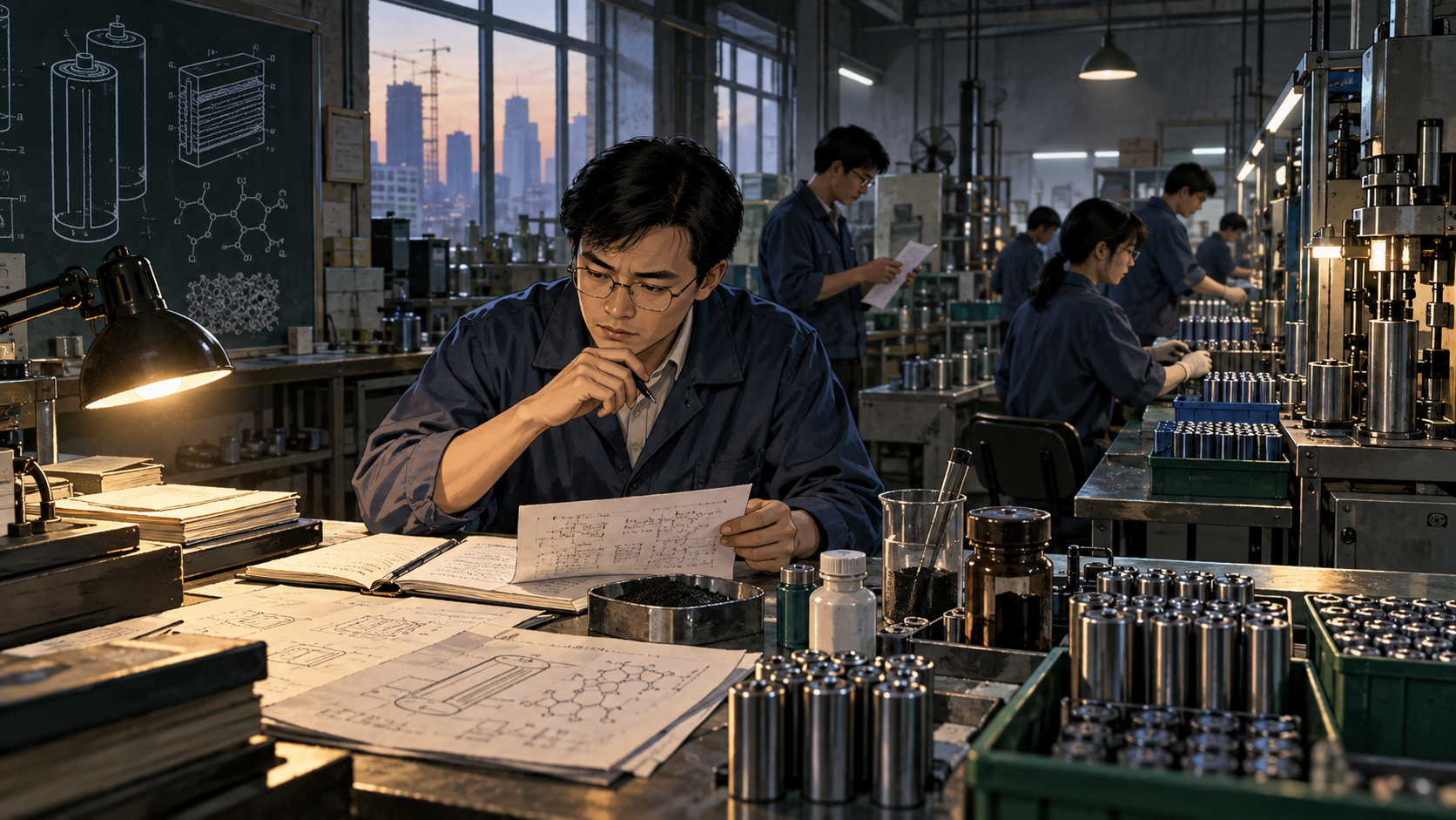 Young Wang Chuanfu leaving battery research for a modest 1990s Shenzhen workshop filled with rechargeable-cell equipment
