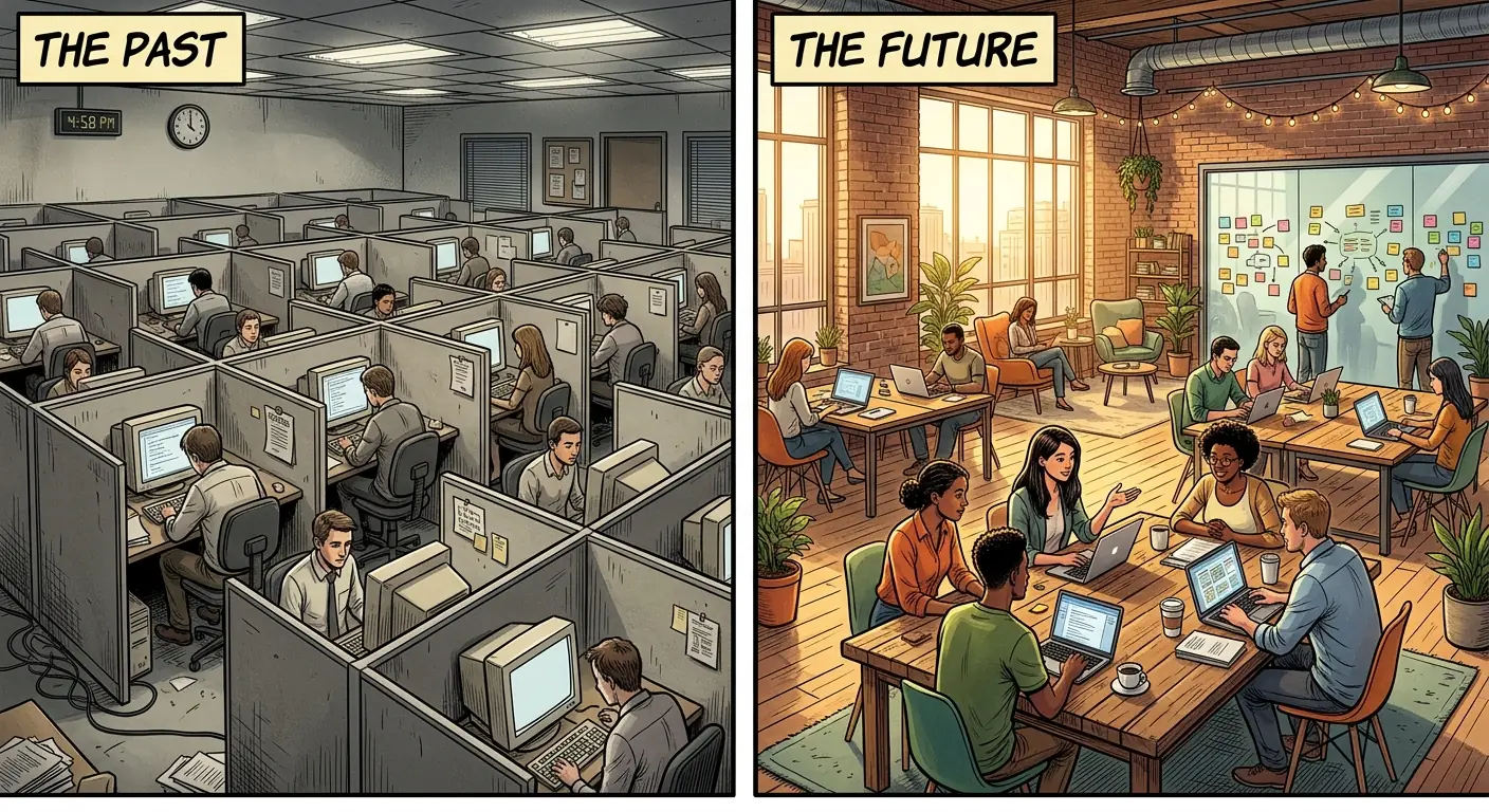 A split image: one side showing a traditional, drab corporate office cubicle farm, the other showing a modern, vibrant WeWork-style open-plan office with collaboration spaces.
