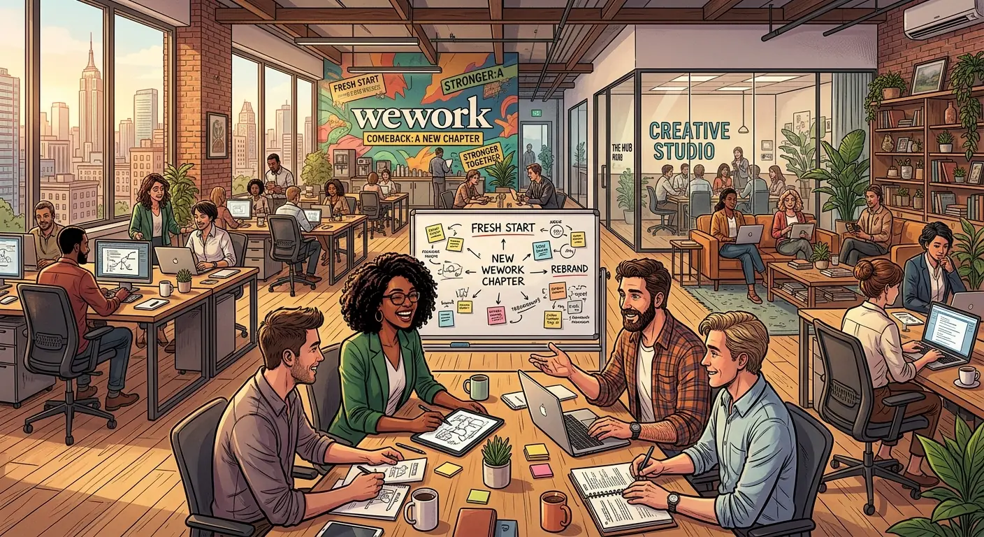 A diverse group of professionals collaborating in a bright, modern WeWork common area, some using laptops, others in discussion, with coffee cups and plants on tables.