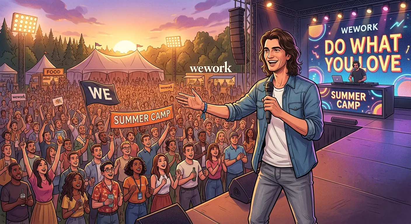 Adam Neumann, charismatic and energetic, speaking to a large crowd of WeWork employees at a "Summer Camp" event, with a DJ booth and vibrant branding in the background.