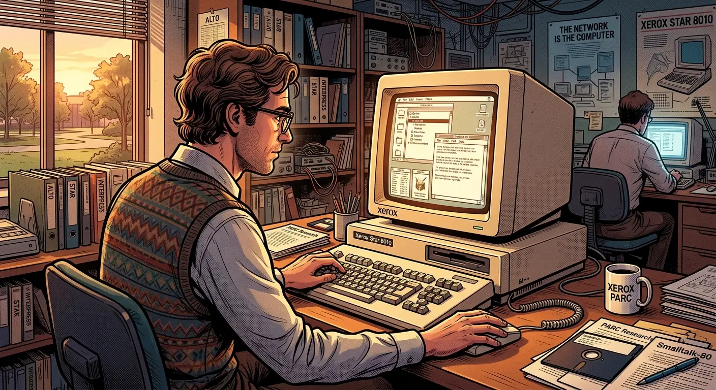 A vintage Xerox Star 8010 Information System workstation with its distinctive high-resolution monitor, keyboard, and mouse on a beige office desk.