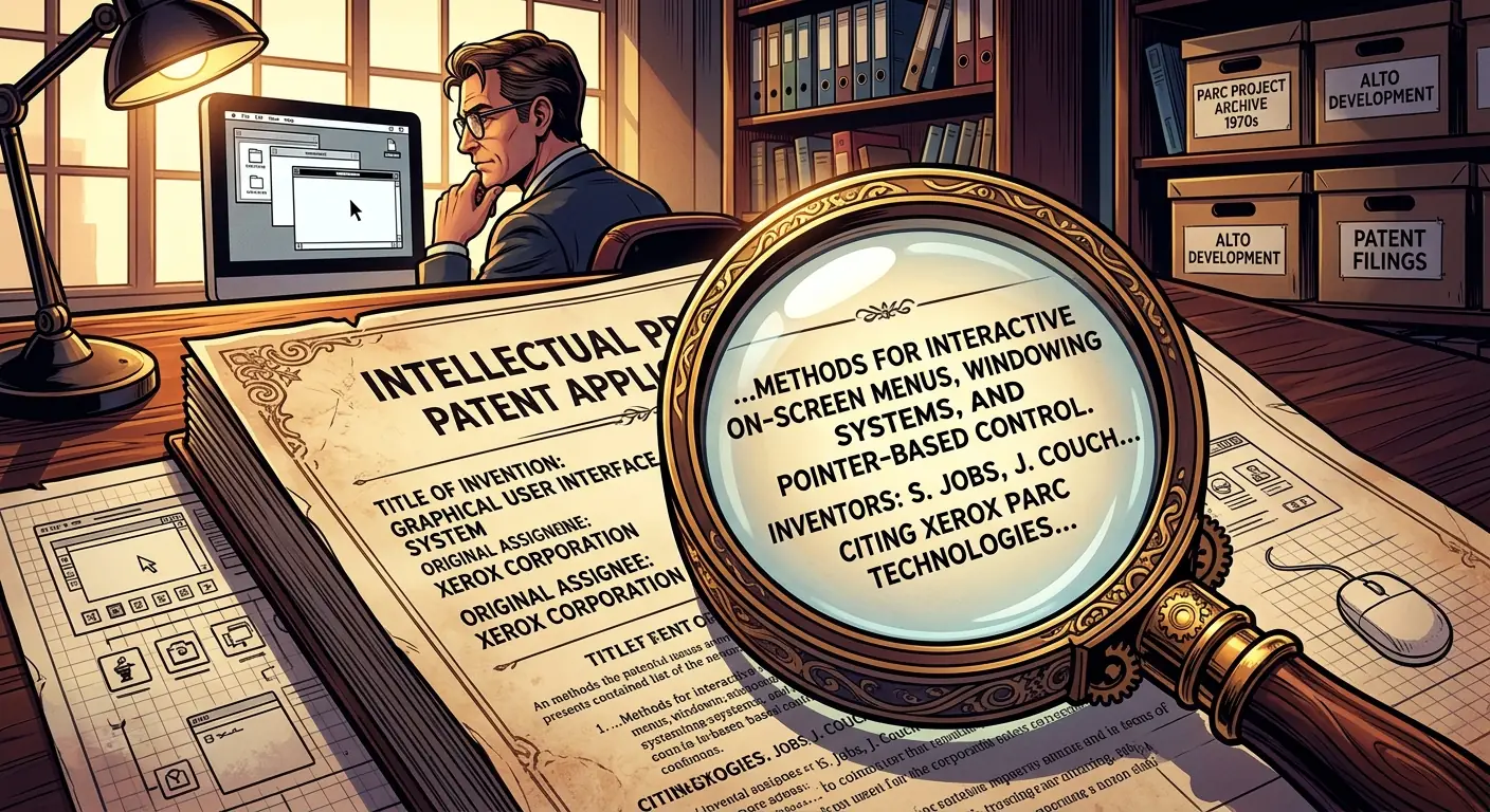 A legal document with a stylized magnifying glass over a section of text, hinting at intellectual property and patents.