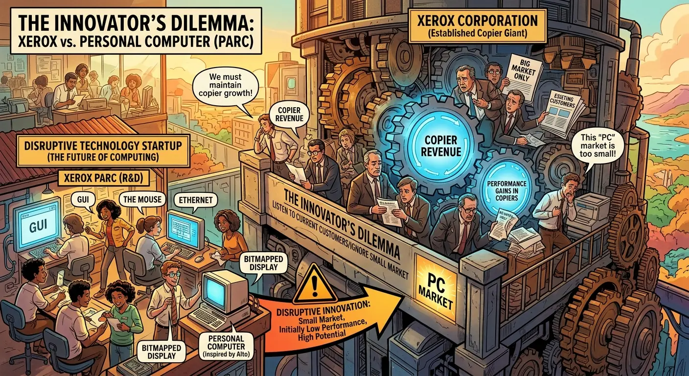 A stylized diagram depicting a large, established company struggling to adapt to a smaller, disruptive technology, illustrating the "Innovator's Dilemma."