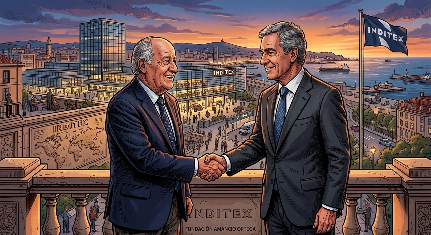 Amancio Ortega and Pablo Isla shaking hands, symbolizing a leadership transition