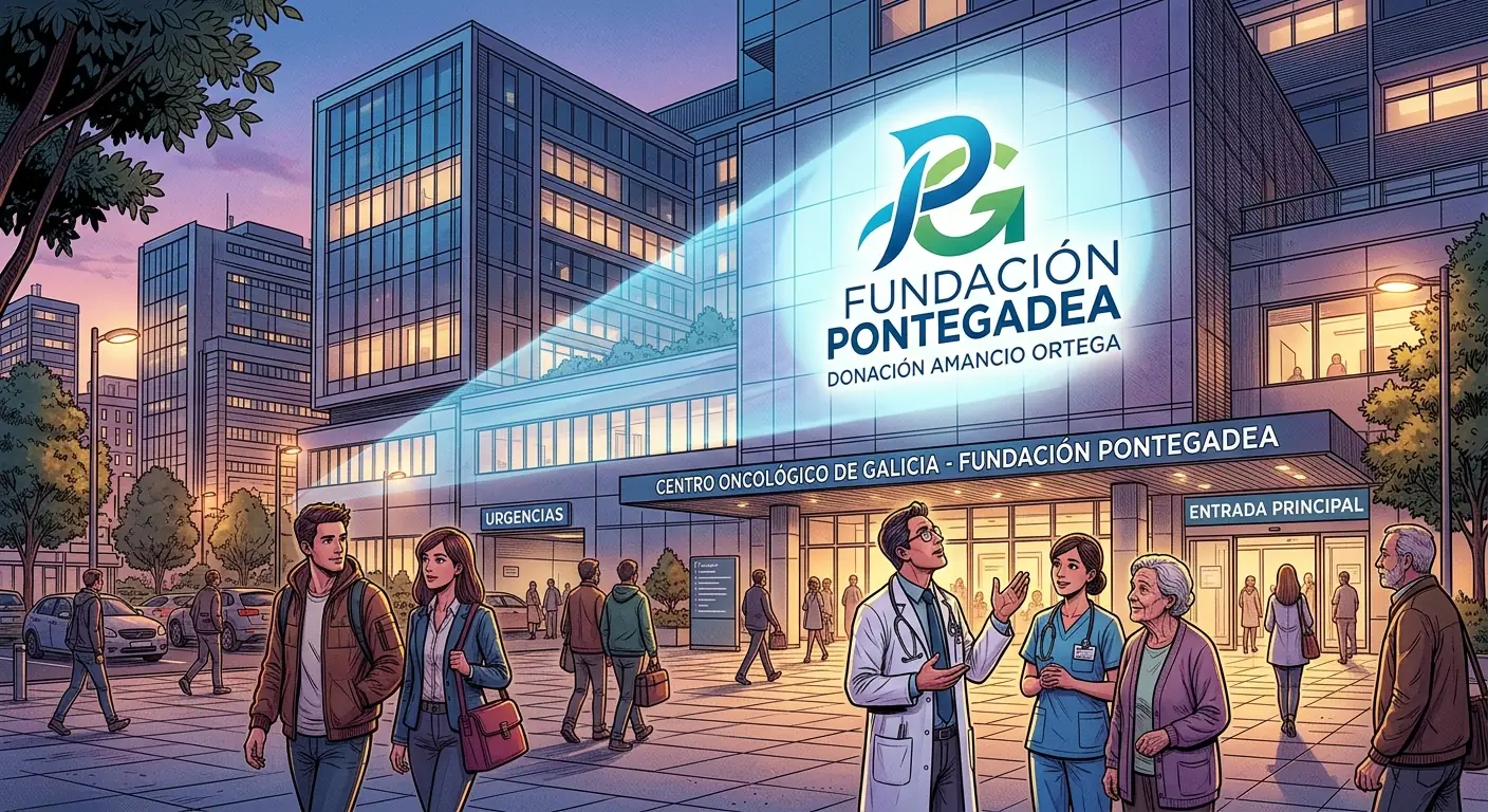 Amancio Ortega's Pontegadea Foundation logo projected onto a modern hospital building