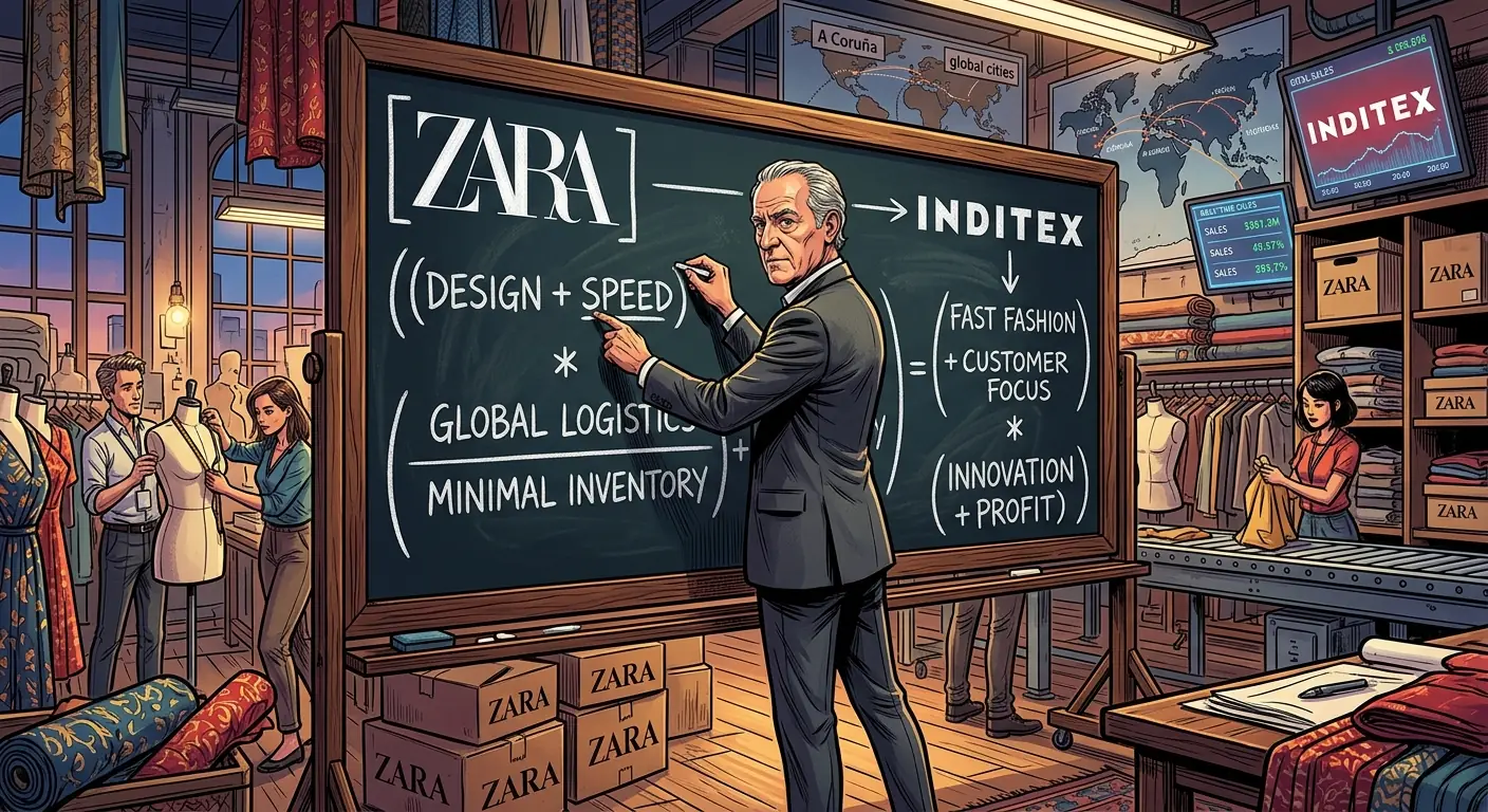 Stylized mathematical equation with Zara and Inditex logos, representing Ortega's business philosophy