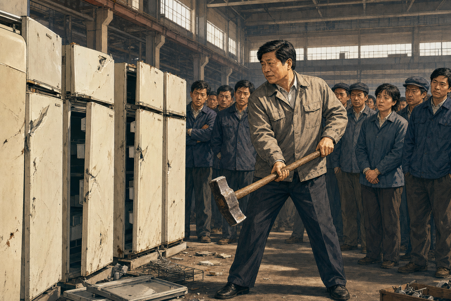 Zhang Ruimin confronting defective refrigerators in a struggling Qingdao factory