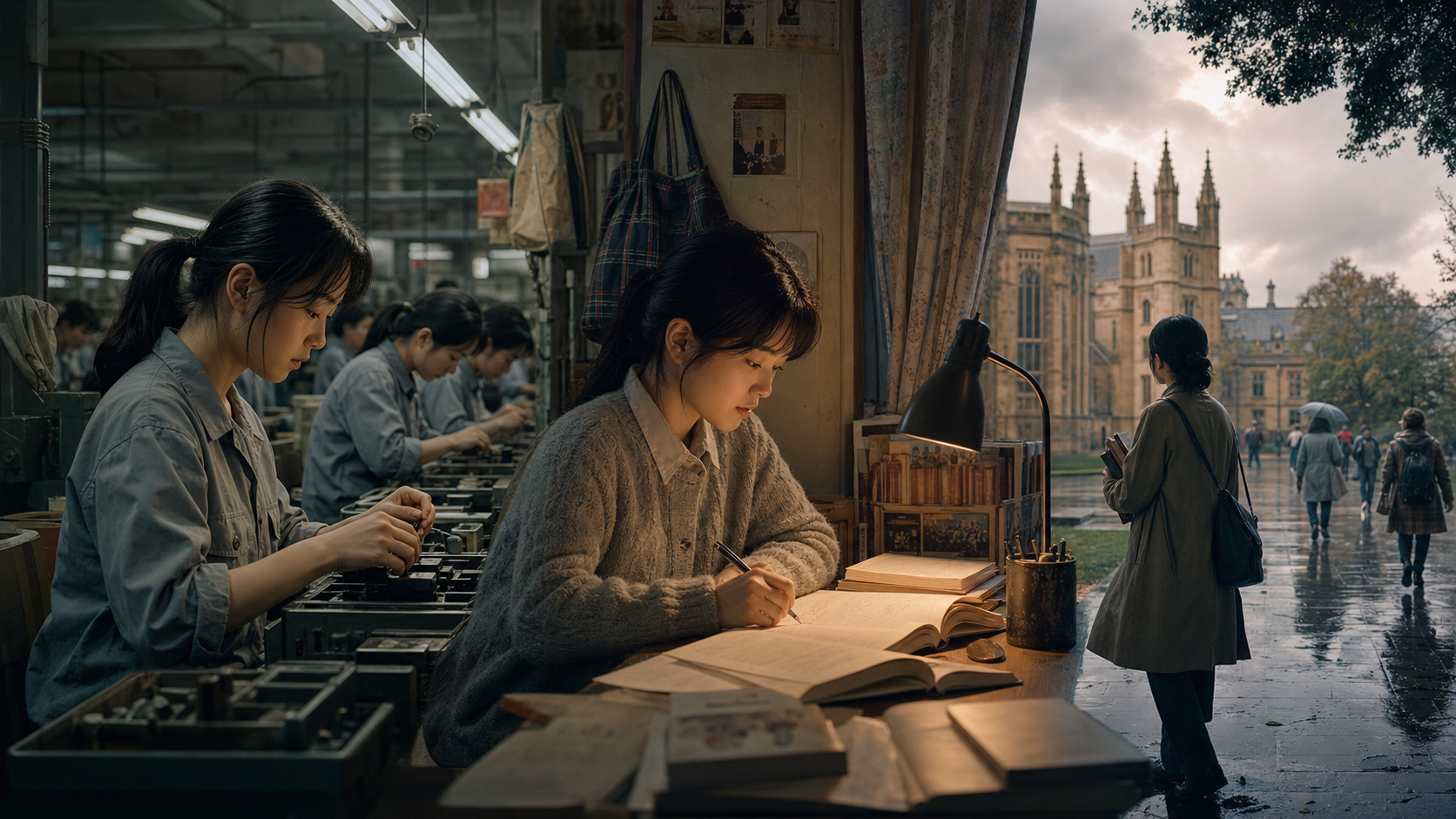 A young migrant factory worker studying at night before traveling to universities and global finance