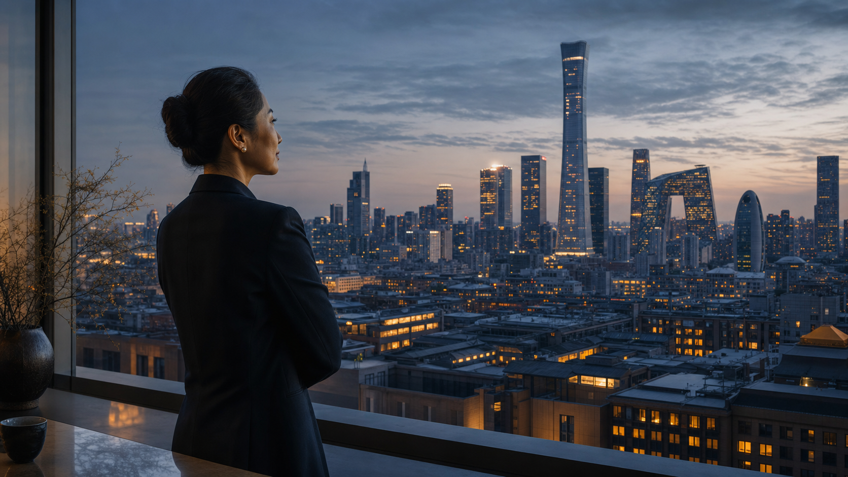 Zhang Xin looking across a city skyline where lasting architecture outlives a volatile property cycle
